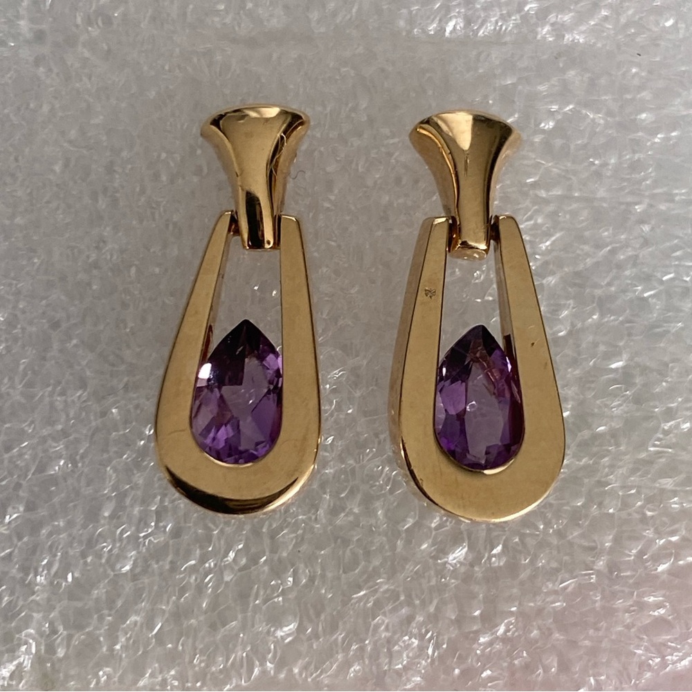Beautiful Solid 14KG Teardrop Faceted  Amethyst Stone Dangle Earrings. Elegant!
